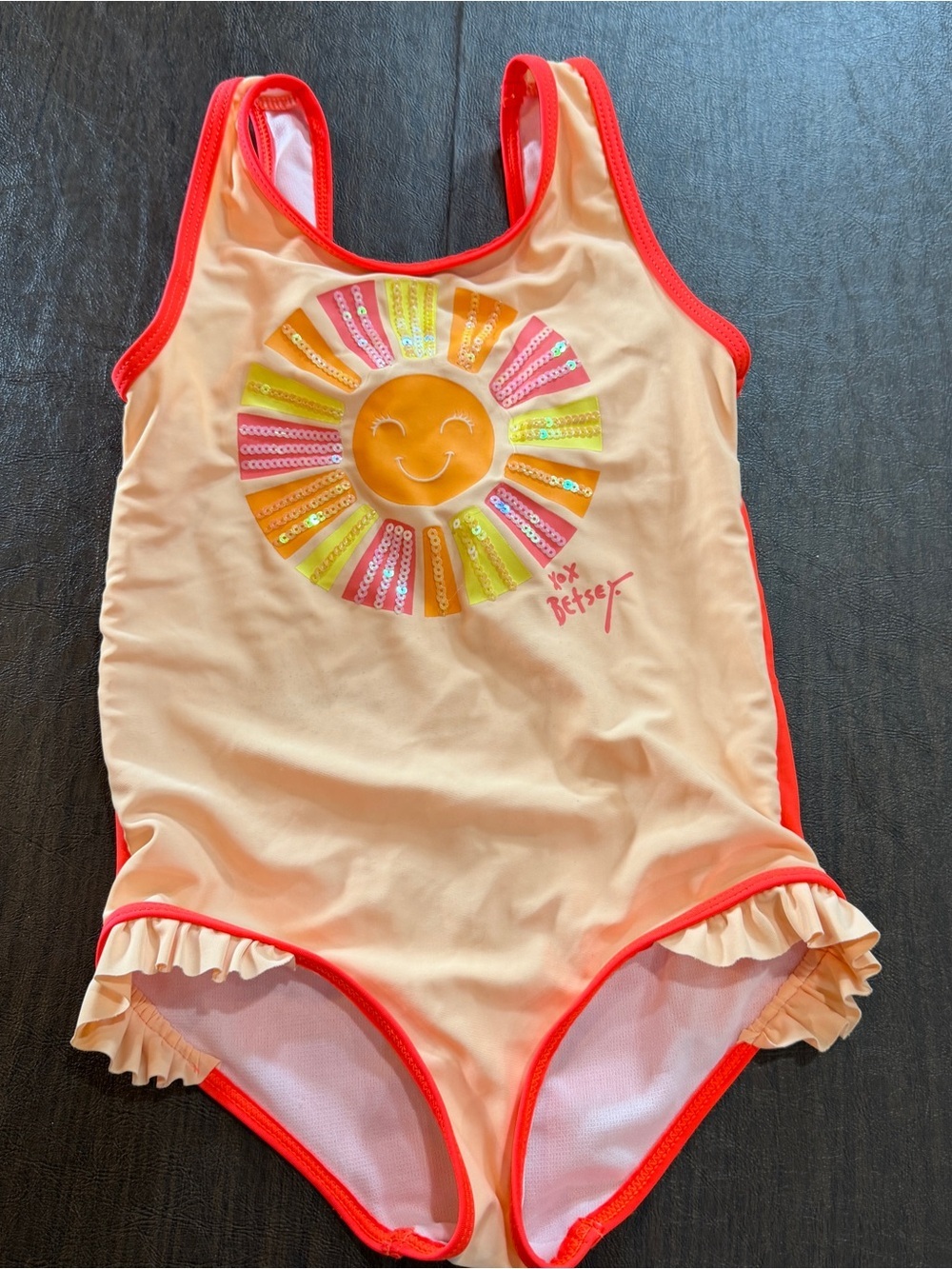 Betsey Johnson One Piece Sunshine Swimsuit Peach with Neon Coral Trim Sz 6X